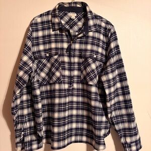 Lumberjack Chic J. Crew Flannel Blue and White Oversized-Shirt  3-Qtr Zip Sz XL